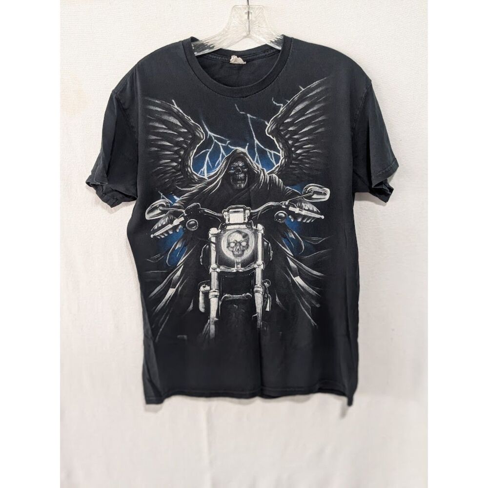 Vintage Y2K Grim Reaper/Demon on Motorcycle Black T-Shirt Size Medium